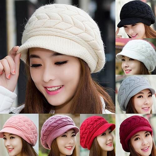 Fashion Women Solid Color Thicken Woolen Yarn Knitted Hat Outdoor Peaked Cap winter hats for women