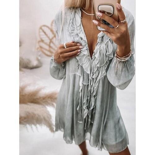 Party Dresses Solid Color Tassel Elegant V Neck Long Sleeve Loose Chiffon Sundress Dress for Spring Summer Women 2021