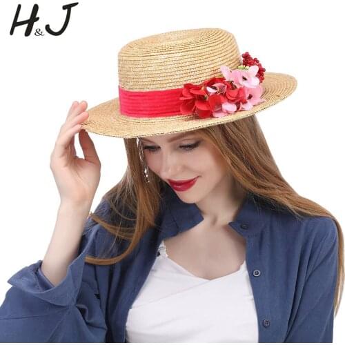 Fashion Women Summer Wheat Straw Sun Hat Lady Beach Wide Brim Boater Hat With Handmade Flower Size 56-58CM