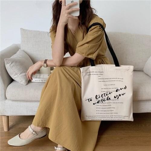 Yeqofcd Simple Ins Large Canvas Bags Letter Printed Cotton Shoulder Bag Retro Student Portable Shopping Tote Zipper Handbag