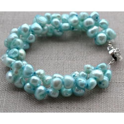 Wholesale Pearl Jewelry, 7 inches Baby Blue Genuine Freshwater Pearl Bracelet,6-7mm Twisted, Wedding Bridesmaids Gift Bracelet