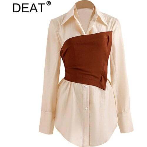 [DEAT] Autumn New 2021 Fashion Tide Turn-down Collar Long Sleeve Single-breasted Splicing Personality Shirt Women 13Z1469