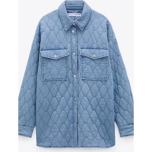 AOMO Women Blue Denim Parkas Coats Jacket Loose Long Sleeves Pocket 2021 Ladies Elegant Autumn Winter Coat 6W04A