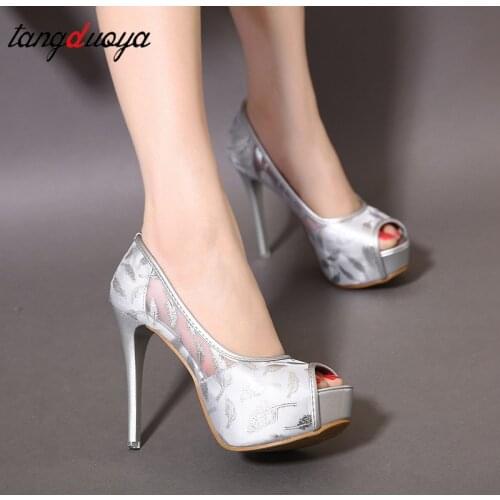 Mesh heels platform women sandals sexy club heels 12cm feather platform high heels pumps peep toe sandals chaussure femme talon