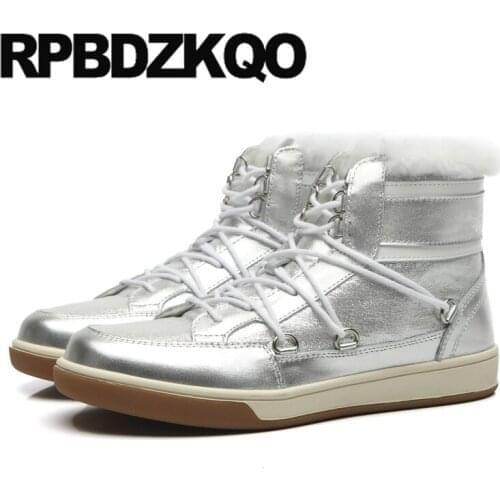 Lace Up Winter Snow Boots Women Ankle Fluffy Luxury Round Toe Genuine Leather Silver Shoes Real Fur Brand Slip On New Booties