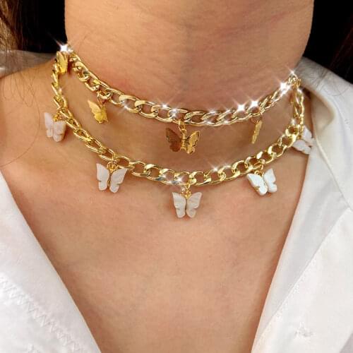 Flatfoosie Fashion Punk Butterfly Pendant Necklace for Women Gold Silver Color 16 Insect Thick Chain Necklace Statement Jewelry