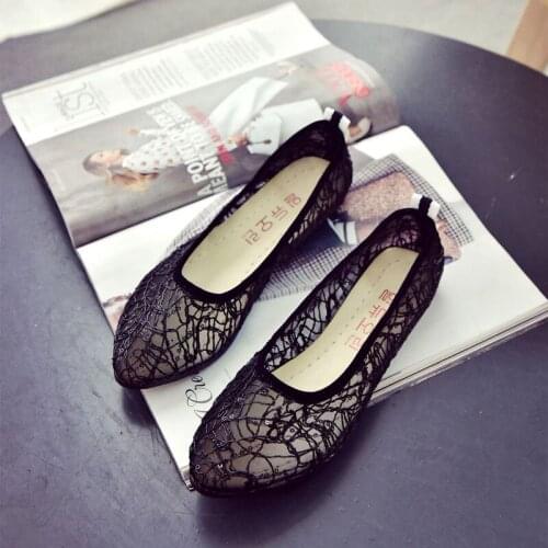 ZZPOHE summer new low-heeled womens flat shoes lazy shoes kicking wild fashion pointed pointed hollow lace breathable net shoes