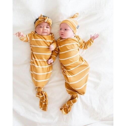2PCS Newborn Baby Girls Boys Swaddle Muslin Blanket Infant Wrap Striped Sleeping Bag+Hat Set
