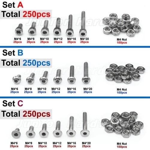 250pcs M4(4mm) A2 Stainless Steel Allen Bolts Hex Button Flat Socket Head Cap Screws With Nuts Assortment