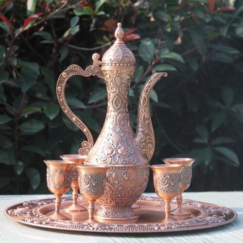 Free shipping 12" plate, copper bronze plated metal wine set/tea set, fashion zinc alloy wine set, 1 set=1 plate+1 pot+6 cups