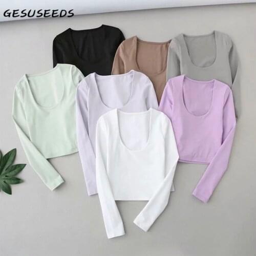Casual t shirt women long sleeve shirts sexy u neck tops korean style knitted shirt basic spring cropped t shirt black green