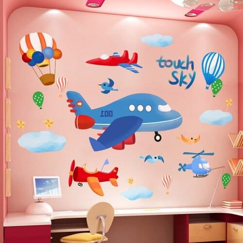 [SHIJUEHEZI] Cartoon Airplanes Wall Sticker DIY Hot Air Balloons Clouds Wall Decals for House Kids Bedroom Baby Room Decoration