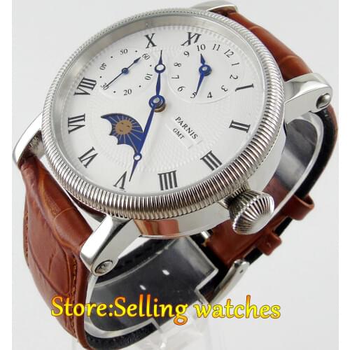 42mm Parnis White Dial Moon Phase GMT Hand Winding Mens Wrist Watch