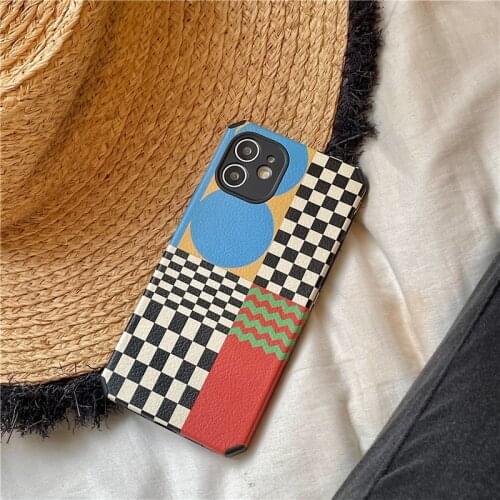 Splicing checkerboard Soft Phone Case for Iphone 11 Pro Max X XR XS 7 8 Plus SE 2020 12 Pro Max Cute Leather Cover