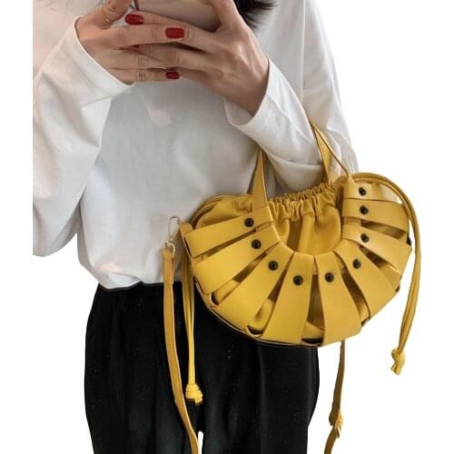 2021 New Fashion Solid Bucket Shoulder Bag Women Hollow Out Crossbody Bag PU Leather Handbags And Purses Female Travel Totes