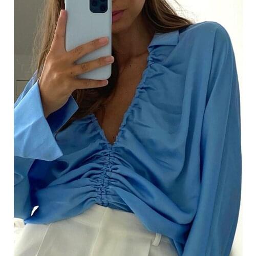 2021 Autumn New Tops Fashion Solid Color Long-sleeved Lapel Pleated Lace-up Tops Casual Hedging Irregular Long Sleeves