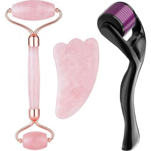 NEW Rose Quartz Roller Massager Tool Natural Stone Facial Massager Jade Roller Microneedle Roller Jade Spatula Skin Care Kit Box