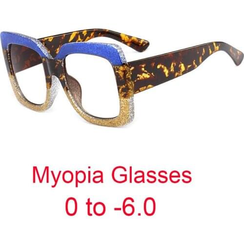 Square Oversized Myopia Glasses For Vision Points 0 to -6.0 Fashion Brand Blue Yellow Giltter Frame Eyeglasses Computer Glasses
