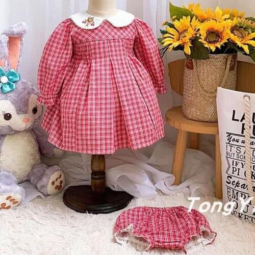 Baby Girls Spanish plaid Dress Sets kids vintage embroidered peter pan collar princess Dress