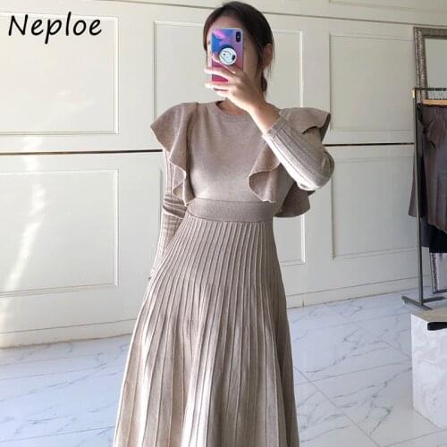 Ruffled Stitching Woman Dress Korea Chic Autumn Round Neck Robe Slim High Waist Vestidos Lace Long Sleeve Knitted Dresses