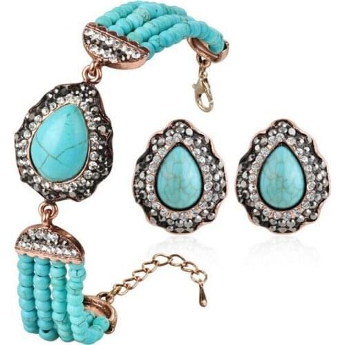 Blue Stone Crystal Beacelet Earrings Statement Jewelry Set Vintage Retro Boho Ethnic Jewellery Gypsy Dubai African Women Gifts
