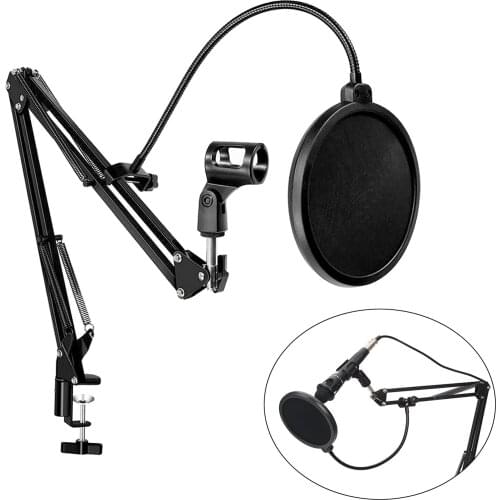 Boom Scissor Arm Microphone Stand with Double Layer Mic Windscreen Filter, 360 Degree Swivel