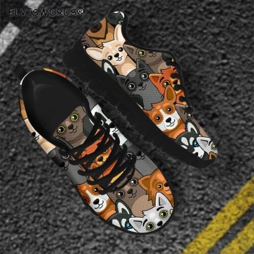 ELVISWORDS Cartoon Labrador and Pug Dog Pattern Casual Ladies Walking Shoes Comfortable Womens Air Mesh Sneakers Flats Shoes
