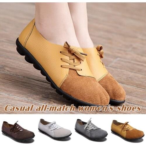 Large Size Women Casual Loafers Soft Lightweight Splicing Leather Lace Up Flats Loafers Shoes d88