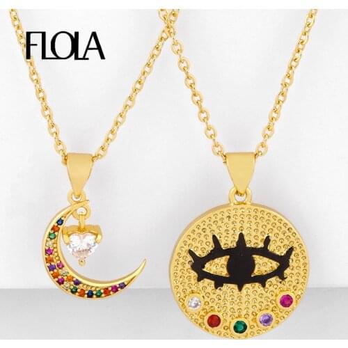 FLOLA Gold Evil Eye Necklaces For Women Rainbow Multicolor Moon Necklaces Cubic Zirconia CZ Greek Eye Jewelry olho grego nkeq42