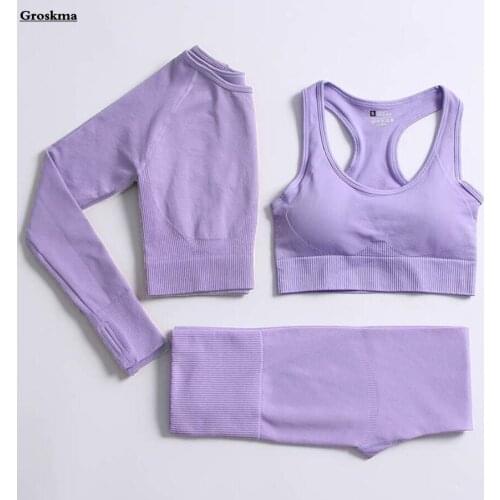 High Waist Leggings+Sexy Bra+Long Sleeve Crop Tops Women Yoga Suits Seamless Fitness Gym T Shirt Quick Dry Sports 3 Piece Set