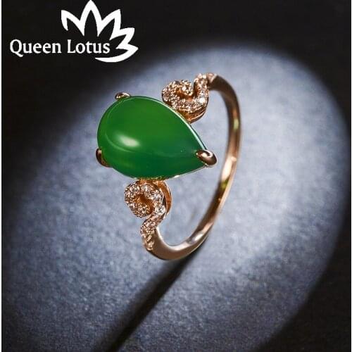 Queen Lotus High Grade Retro Green Stone Finger Ring Women Jewelry Accessories 2018 Fashion Ladies Crystal Water Drop Big Rings