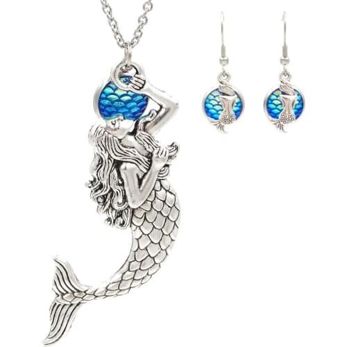 Summer Beach Style Mermaid Pendant Necklace Bule Scale Charm 18" Stainless Steel Chain Fashion Ocean Sea Jewelry for Women Girls