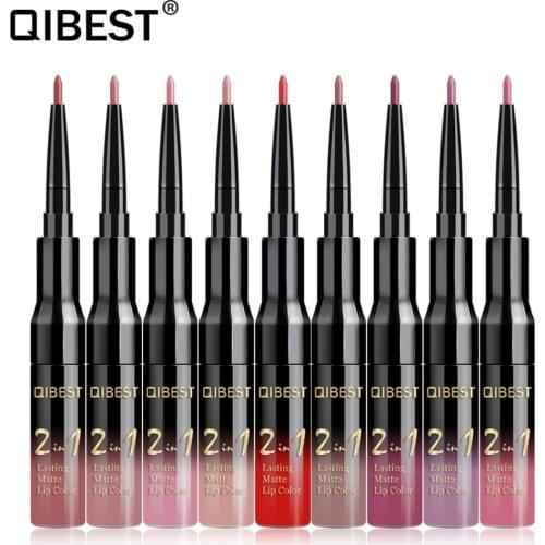 QiBest 2 in 1 Lip Liner Liquid Lipstick Pencil Matte Waterproof Lipliner Red Lips Liners Pen Stick Long Lasting Sexy Makeup
