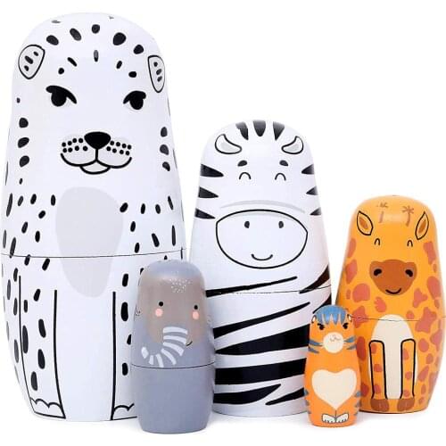 5Pcs/Set Wooden Leopard Russian Nesting Dolls Matryoshka Figurines Kids Toy