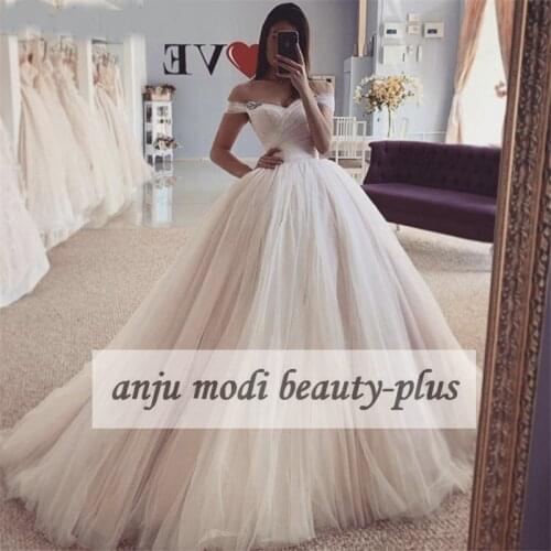 Off Shoulder Ball Gown Wedding Dresses for Bride 2021 Long Tulle Beaded Wedding Bridal Dress vestido de noiva