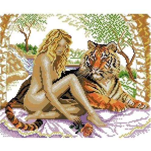 FREE delivery hot selling Top Quality counted cross stitch kit beauty and beast, woman lady and tiger