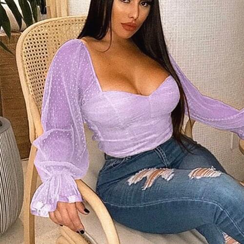 2020 Women Polka Dot Blouse Mesh Shirts Pink Tops Sweetheart Neckline Lantern Sleeve Ruched Blouse White Blusas Vintage Shirt