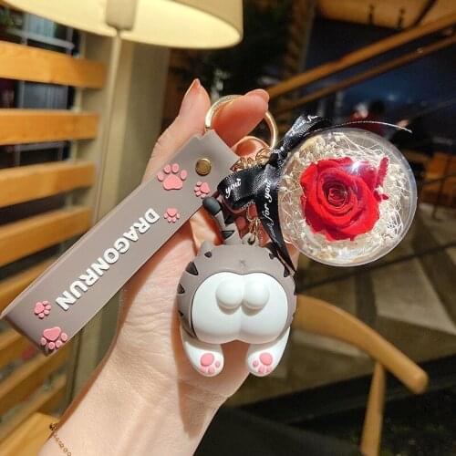Cute cat butt key chain eternal flower accessories Anime Car key chain cartoon silicone doll couple spoof bag pendant coupleGift