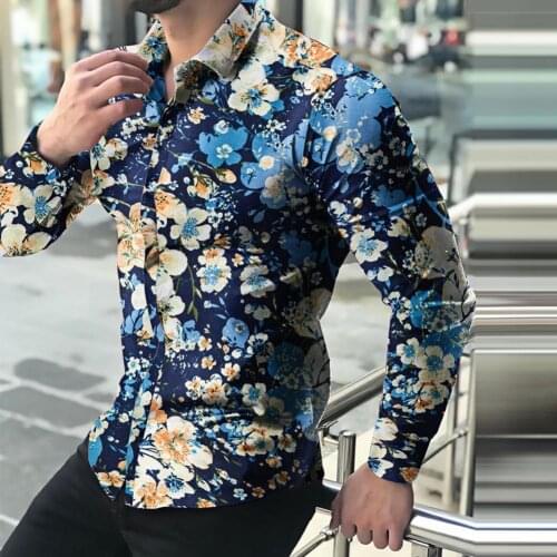 Summer Men Shirt Floral Print Buttons Summer Elegant Male Long Sleeve Lapel Top Business Hawaii Beach Party 2021