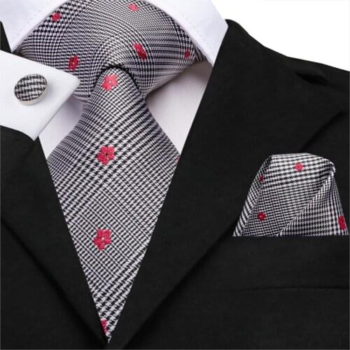 Hi-Tie New Necktie 100% Silk Mens Tie Red Floral Ties For Men White Black Stripe Wedding Business Woven Tartan Neck Ties SN-3219