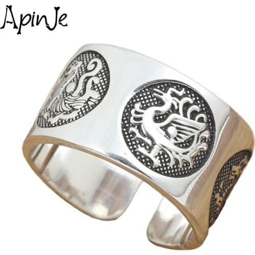 Apinje Solid 999 Pure Silver Jewelry Men Ring Four Great Beast Man Silver Creative Personality Good Luck Ring For Mens Punk Ring