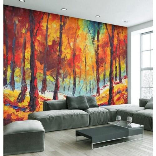 Small fresh and beautiful hand-painted oil painting fiery red forest modern art decoration painting background wallpaper