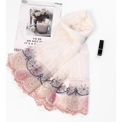 Fashion lace embroidered Pearl scarf hijab imitation silk polyester shawl women flower muslim turban long scarves