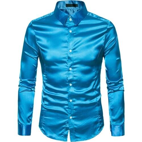 Mens Silk Like Satin Dress Shirts Wedding Groom Stage Prom Shirt Men Long Sleeve Button Down Shirt Male Chemise Homme