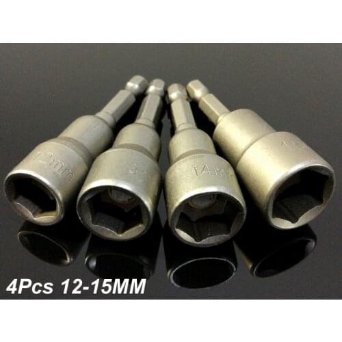 4Pcs Set 12-15MM Magnetic Hex Sleeve/Socket Nozzles Nut Driver Set Hexagon Screwdriver Adaptor 1/4" Hex Shank Power Hand Tools
