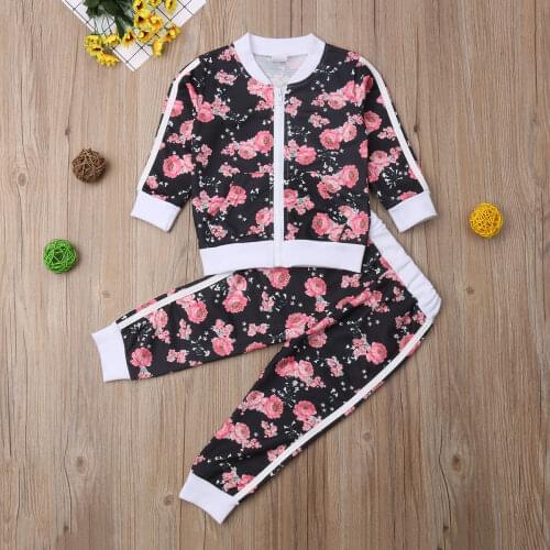 2021 Brand New 2-7Y Infant Kids Baby Girls Sets Flowers Long Sleeve Zipper Jacket Coat Tops+Pants Autumn Winter Sport Clothes