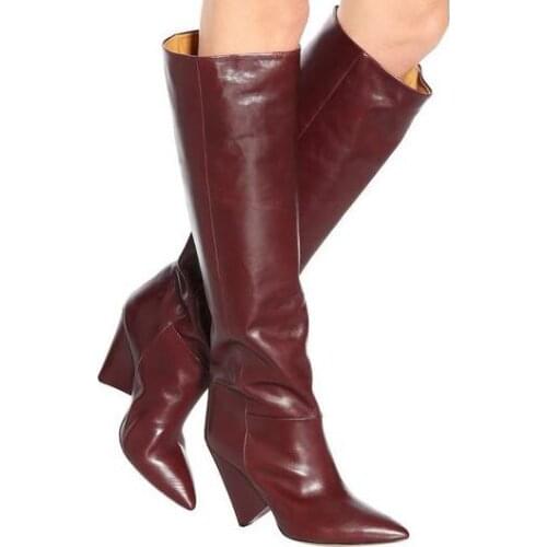 Drop Shipping Woman Fashion Burgundy Spike Heels Knee High Boots Pointed Toe Slip On Tube Long Leather Boots Big Size 44