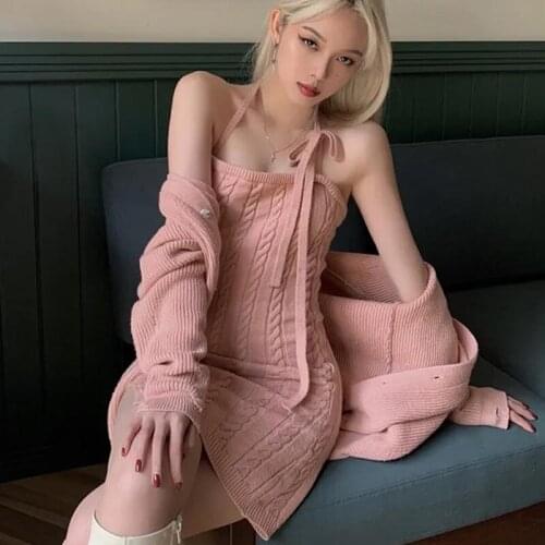 Sexy Two Piece Knitted Cardigan Women New Fitness Sweater Jacket Hater Straps Dress Sets Female Autumn Winter Clothes