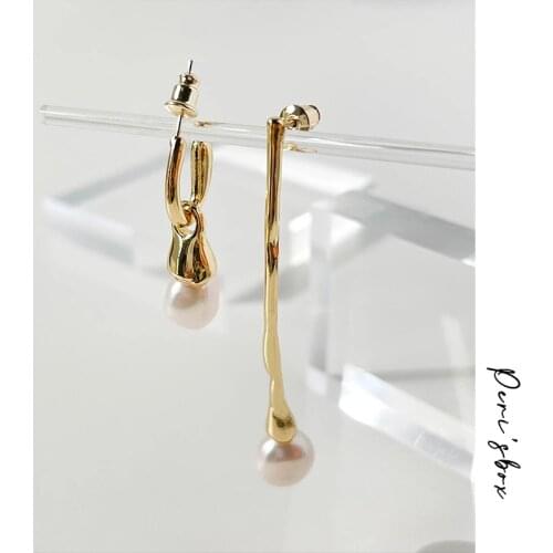 PerisBox Natural Freshwater Pearl Gold Drop Earrings Long Bar Irregular Earrings Drops Vintage C Shape Asymmetric Earrings 2019