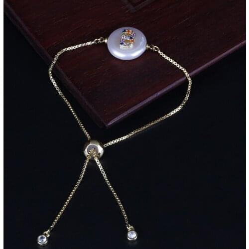Mix color cz initial 26 alphabet letter name charm coin freshwater pearl bead dainty gold link bracelets for women